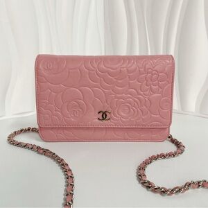 Chanel Camelia Embossed Chain Bag Women Pink Crossbody Bags